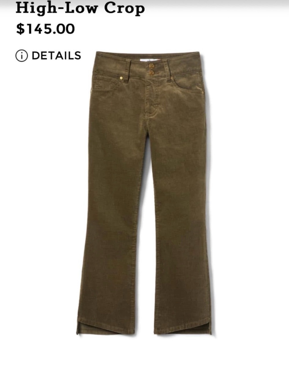 CAbi High-Low Crop Flare Jeans in Olive Green